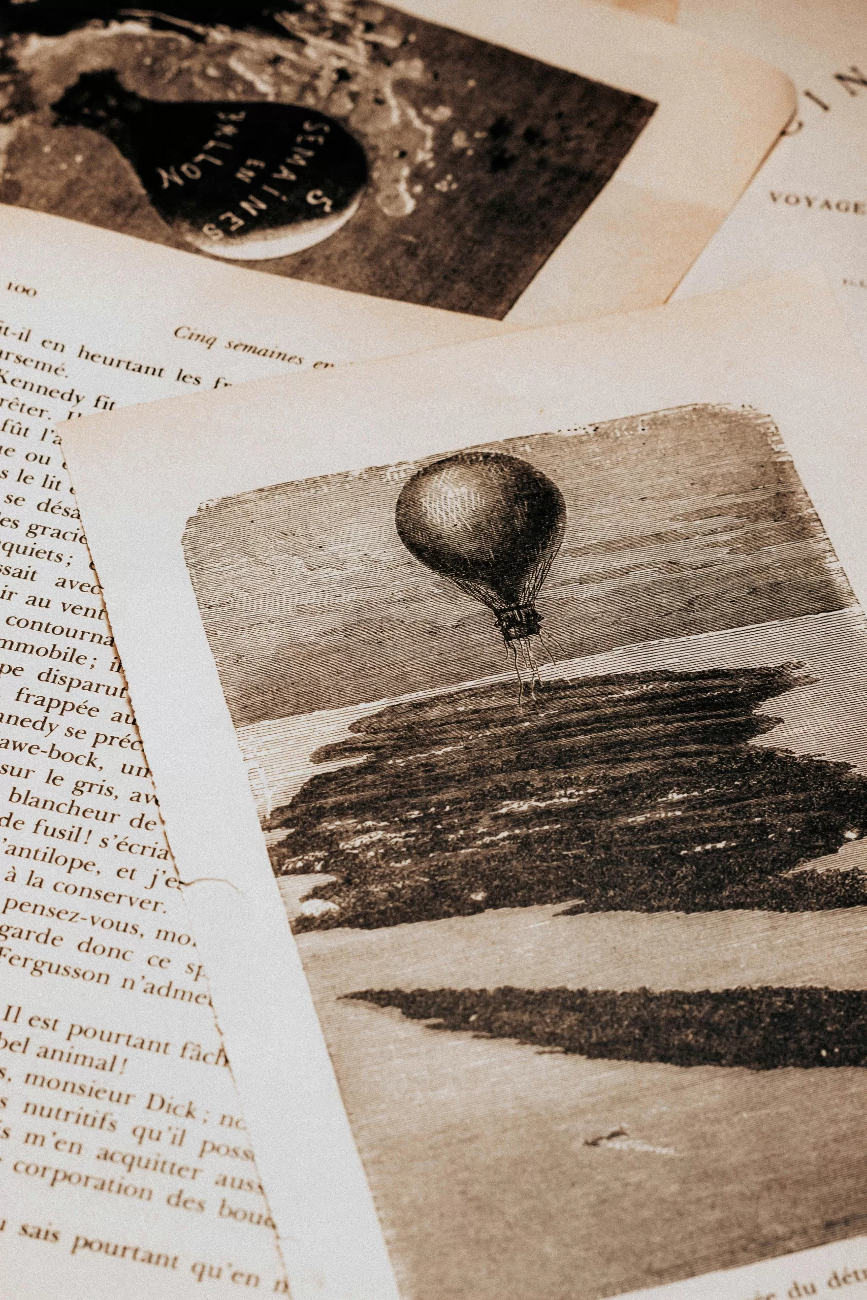 Sepia vintage illustration of hot air balloon on nostalgic papers.